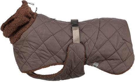 Brauner, gesteppter Hundemantel mit flauschigem Innenfutter, verstellbarem Verschlussriemen und Kapuze.