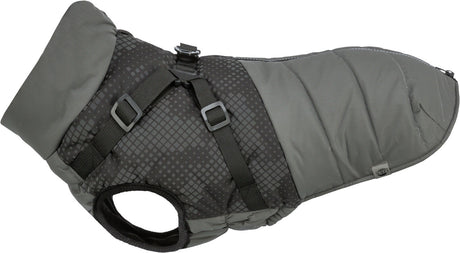 Grauer Hundemantel mit gepolsterter Oberfläche und verstellbaren Gurten, rautenförmiges Muster auf der Oberseite.