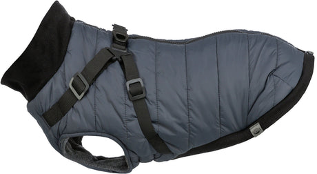 Grauer Hundemantel mit schwarzem Futter, Reißverschluss und verstellbaren Gurten sichtbar.