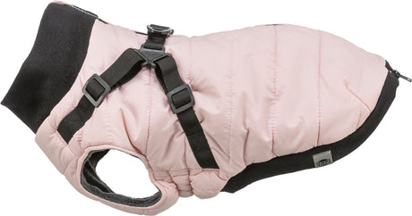 Rosa Hundejacke mit schwarzem Rand und Gurten, Reißverschluss hinten, sichtbar "Trixie"-Label.