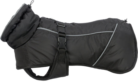 Schwarzer Mantel für Hunde mit grauen Akzenten, verstellbarem Riemen und Schnalle, isolierend und wetterfest.