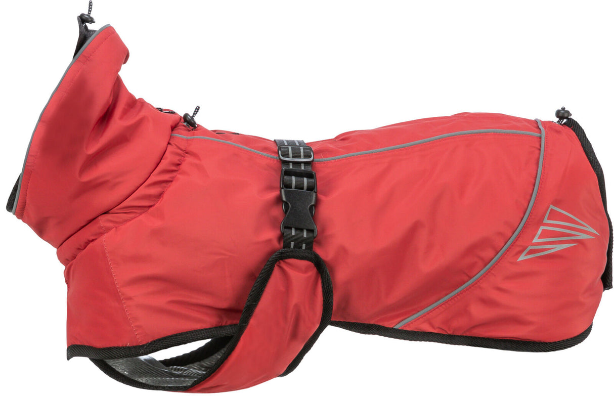 Roter Hundemantel mit verstellbarem Riemen und reflektierenden Streifen, geeignet für Schutz vor Kälte.