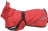 Roter Hundemantel mit verstellbarem Riemen und reflektierenden Streifen, geeignet für Schutz vor Kälte.
