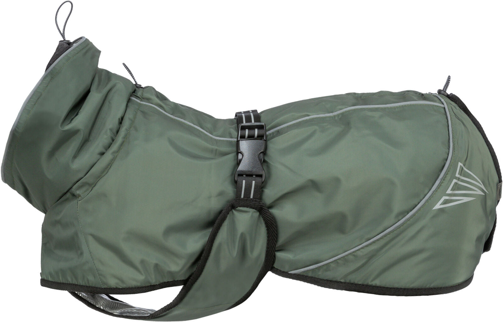 Grüner Hundemantel mit Schnallenverschluss und reflektierenden Streifen, seitlich eine geometrische Verzierung.