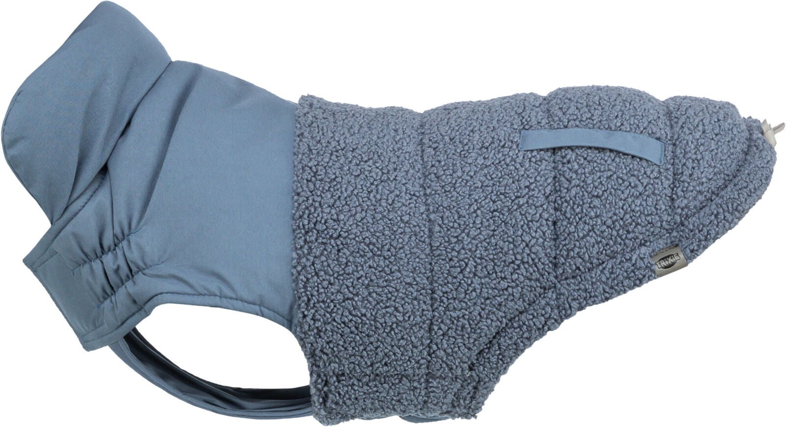 Grauer Hundemantel mit weichem, texturiertem Stoff und glattem Kragen, an den Seiten elastisch.