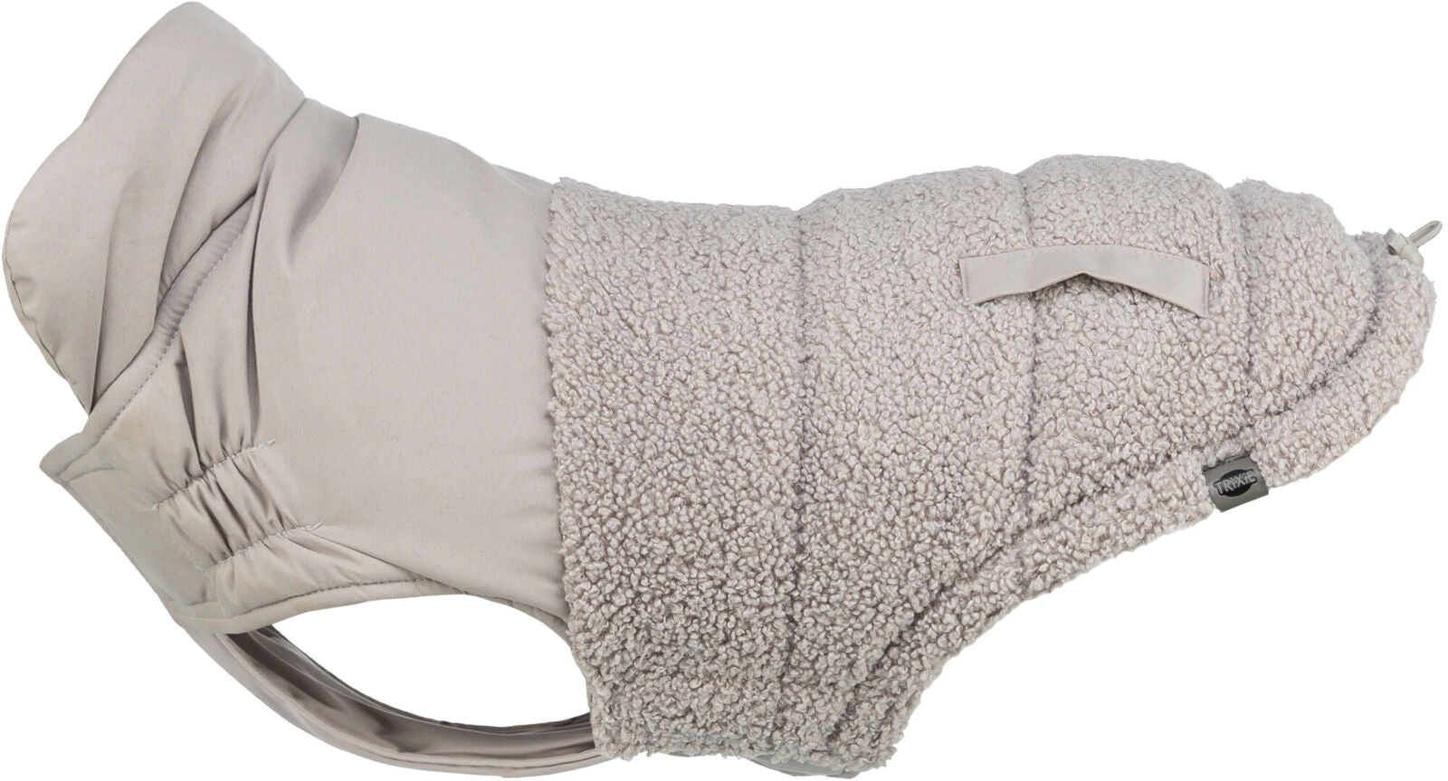 Grauer gepolsterter Hundemantel mit weicher, flauschiger Textur und elastischem Verschluss an den Seiten.