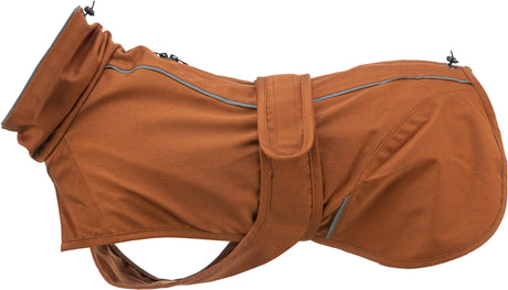 Brauner Hundemantel mit reflektierenden Streifen und Klettverschluss.