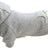 Grauer Hunde-Pullover mit Kapuze und Regenbogenmotiv auf dem Rücken, weicher Stoff, gerippte Bündchen.
