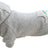 Grauer Hunde-Pullover mit Kapuze und Regenbogenmotiv auf dem Rücken, weicher Stoff, gerippte Bündchen.