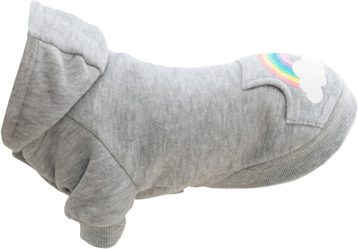 Grauer Hunde-Pullover mit Kapuze und Regenbogenmotiv auf dem Rücken, weicher Stoff, gerippte Bündchen.