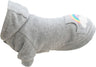 Grauer Hunde-Pullover mit Kapuze und Regenbogenmotiv auf dem Rücken, weicher Stoff, gerippte Bündchen.