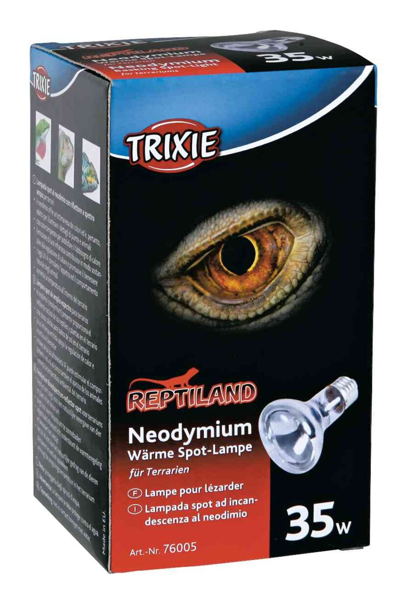 Verpackung einer 35-Watt-Neodymium-Wärmelampe für Terrarien mit großem Reptilienauge und TRIXIE-Logo.