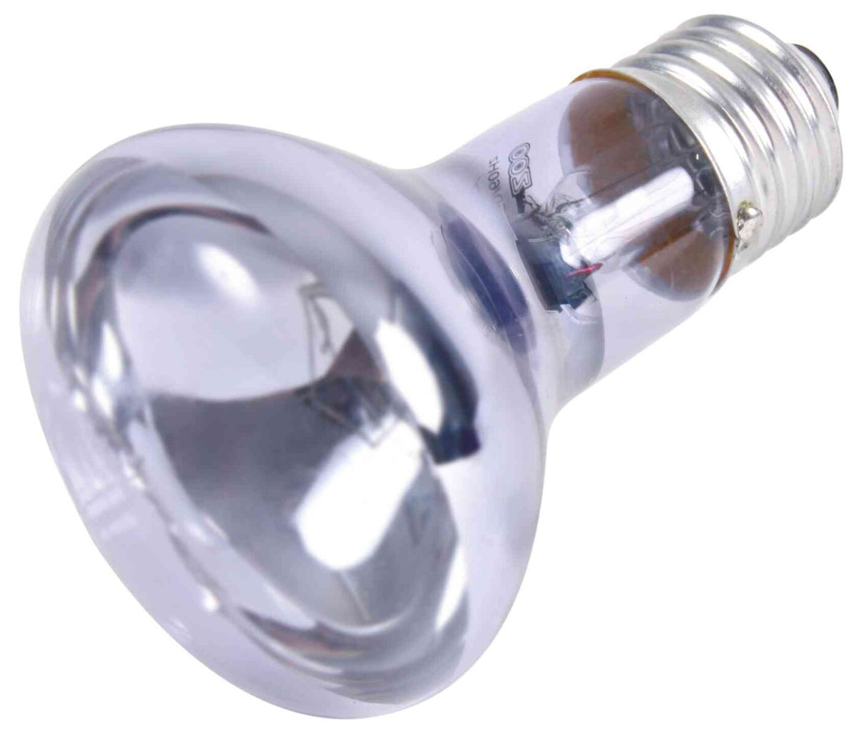 Silberne Glühbirne mit metallischem Sockel, reflektierende Oberfläche, transparentes Glas sichtbar.