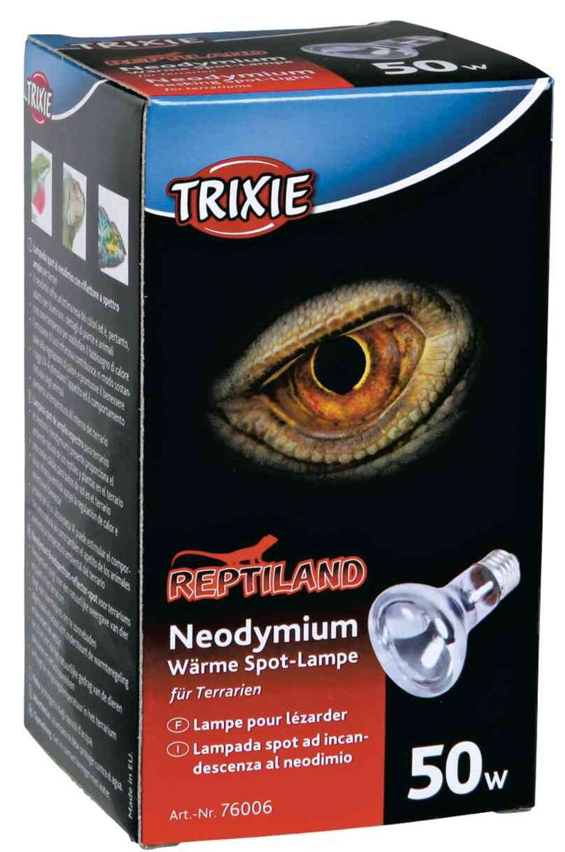 Eine Verpackung für eine Reptilien-Spotlampe mit 50 W Leistung, Bild eines Reptilienauges, Marke Trixie.