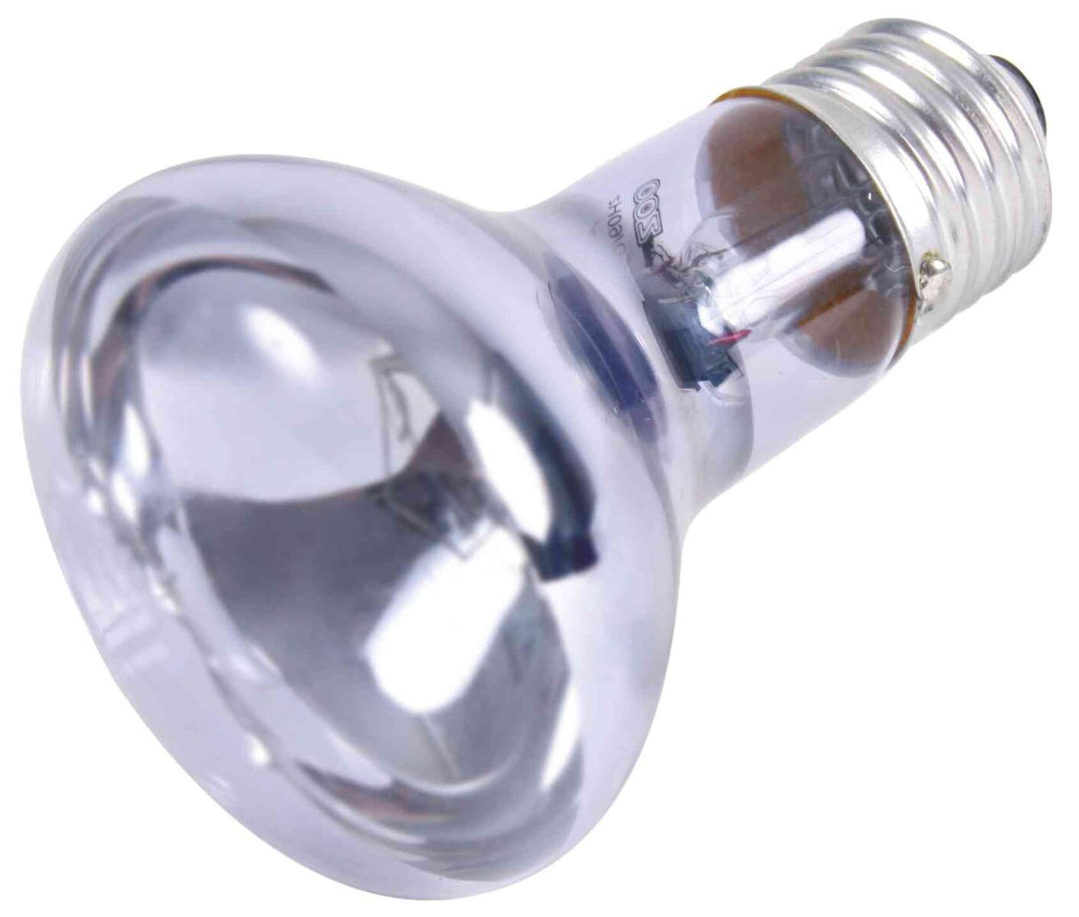 Klare Glühbirne mit silbernem Schraubsockel, reflektierende Oberfläche, spiralförmige Struktur im Inneren.