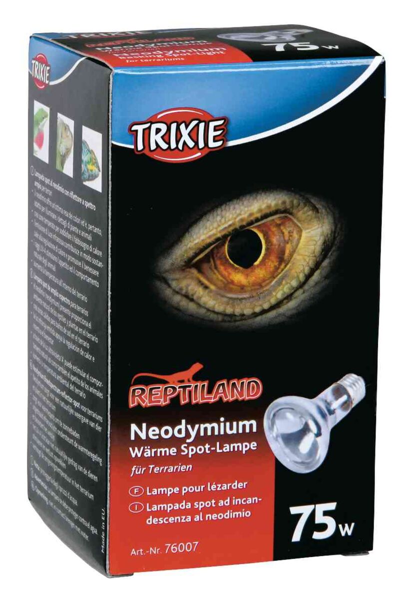 Verpackung einer Neodymium Wärme Spot-Lampe für Terrarien, zeigt ein Reptilienauge und 75W Leistung.