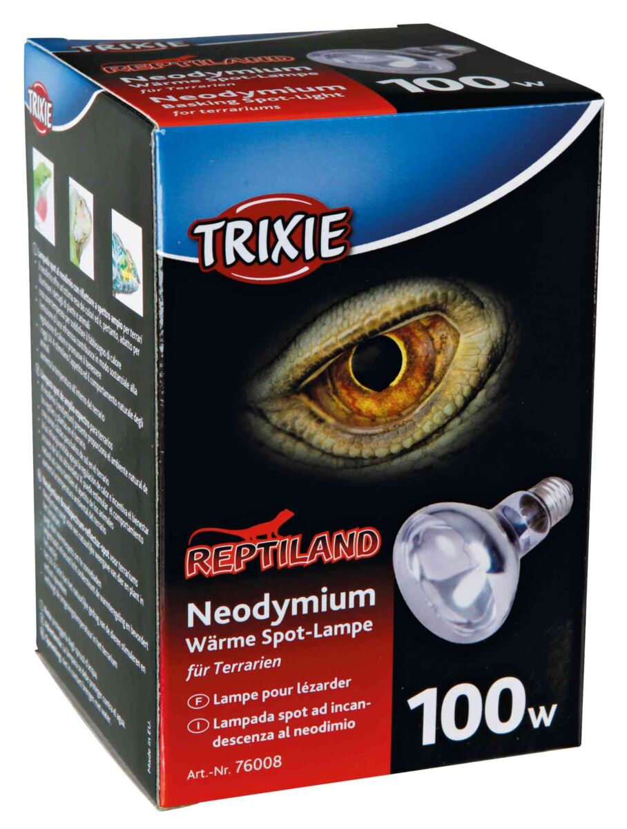 Verpackung einer Neodymium-Wärme-Spot-Lampe für Terrarien, Marke Trixie, mit einem Bild eines Reptilienauges, 100 Watt.