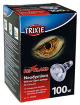 Verpackung einer Neodymium-Wärme-Spot-Lampe für Terrarien, Marke Trixie, mit einem Bild eines Reptilienauges, 100 Watt.