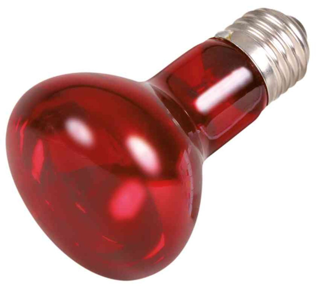 Eine rote Glühbirne mit reflektierenden Oberflächen und einem silbernen Schraubsockel in Nahaufnahme.