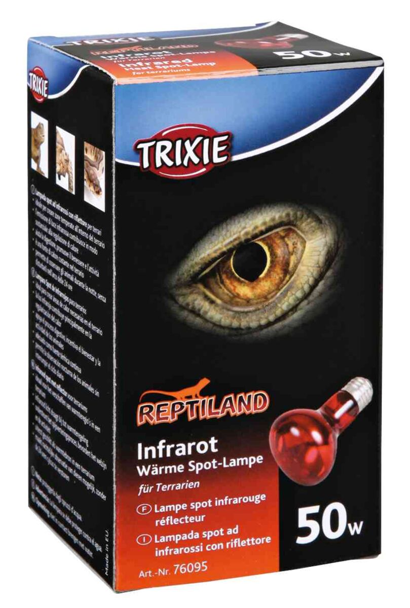 Verpackung einer Trixie Infrarot Wärme Spot-Lampe 50W für Terrarien, zeigt ein Auge und eine rote Glühbirne.