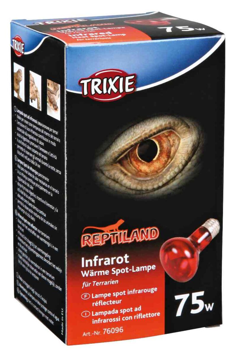 Trixie Reptiland Infrarot Wärmelampe für Terrarien mit 75W, Verpackung zeigt ein Reptilienauge und rote Lampe.
