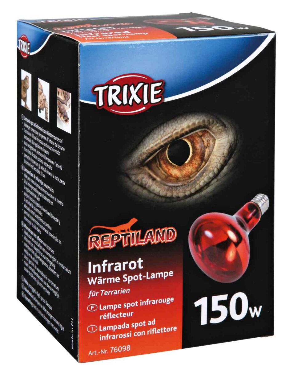 Verpackung einer Infrarot-Wärme-Spot-Lampe für Terrarien von Trixie, 150W, mit Reptilienmotiv und mehrsprachiger Anleitung.