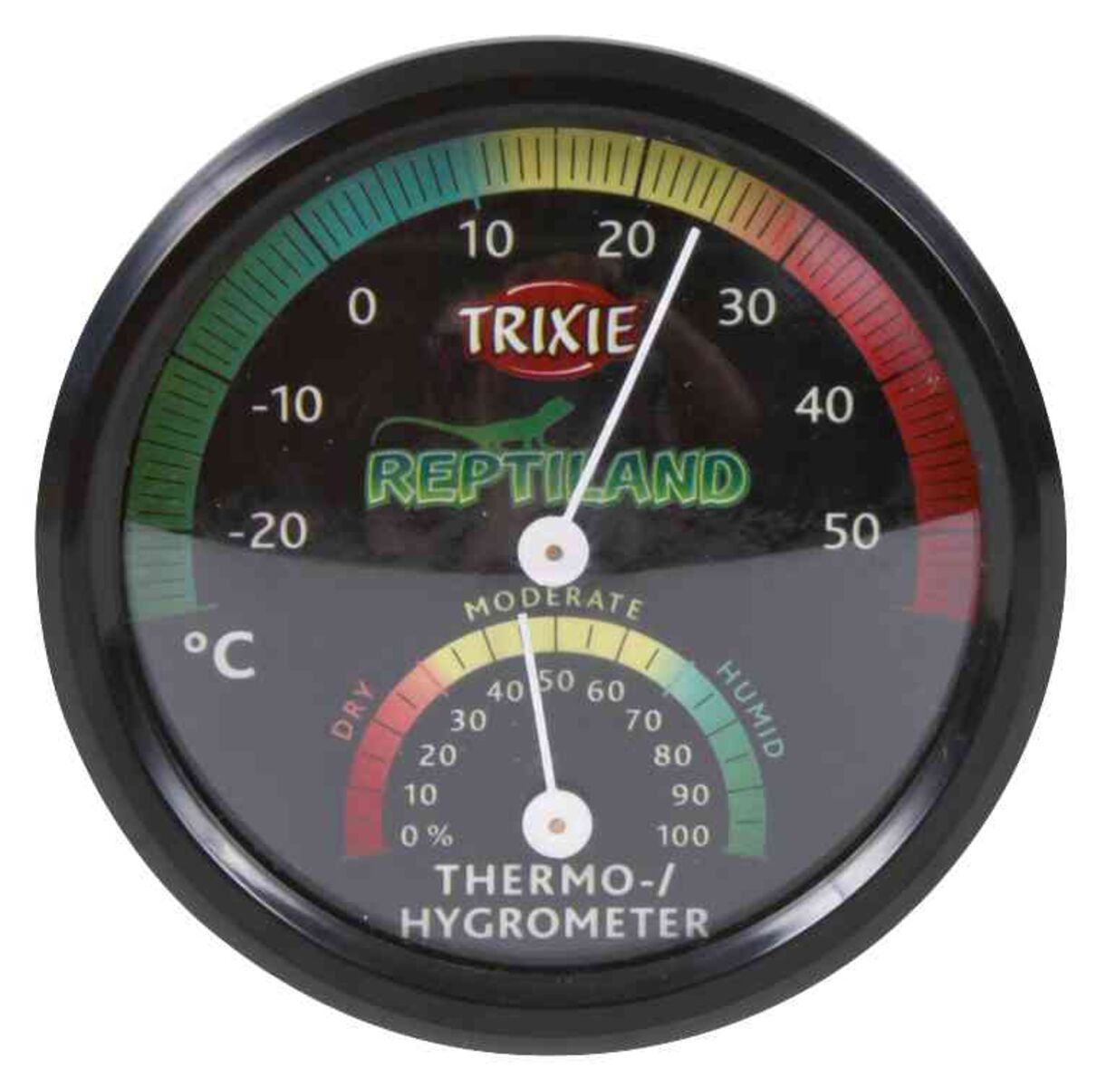 Rundes Thermo-Hygrometer mit schwarzem Gehäuse, Temperaturanzeige von -25 bis 50°C, Skala in Rot und Grün.