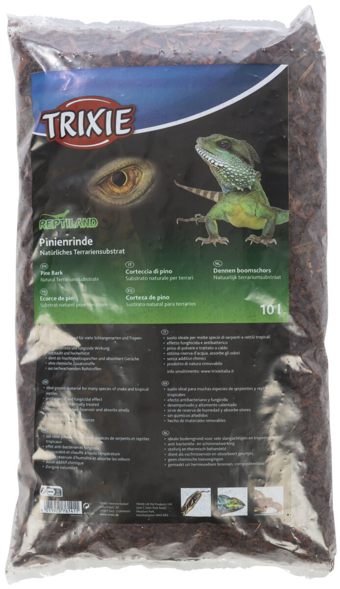 Eine durchsichtige Tüte mit Pinienrinde als Terrariensubstrat, Marke "TRIXIE", zeigt ein Reptil und Text in mehreren Sprachen.