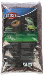 Eine durchsichtige Tüte mit Pinienrinde als Terrariensubstrat, Marke "TRIXIE", zeigt ein Reptil und Text in mehreren Sprachen.