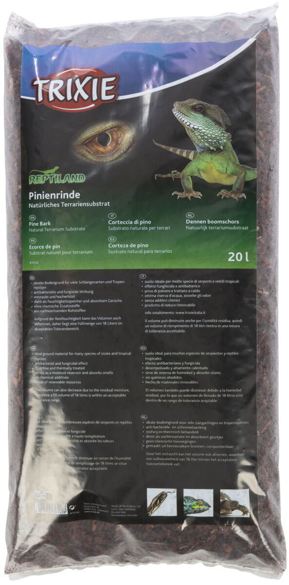 Eine durchsichtige Plastiktüte mit der Aufschrift „Trixie Reptiland Pinienrinde Natürliches Terrariensubstrat 20L“ und einem Bild einer Echse.