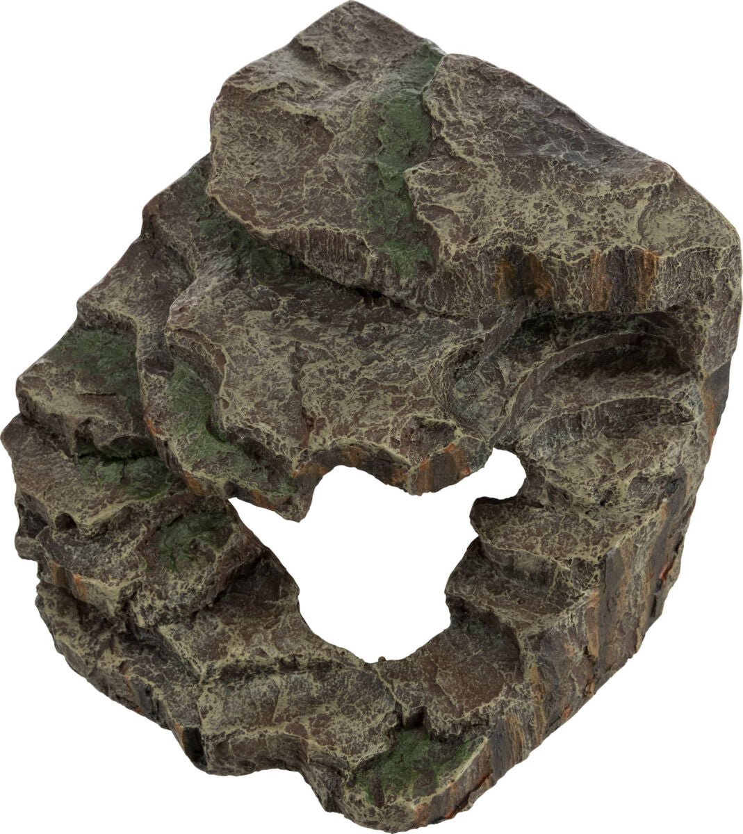 Felsstruktur mit grünen Akzenten, Form einer natürlichen Höhle, braun-graue Oberfläche, unregelmäßige Kanten.