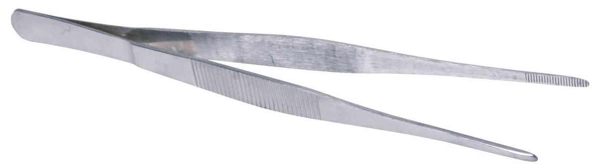 Metallpinzette mit geriffeltem Griff und spitzen Enden, silberfarben, auf weißem Hintergrund.
