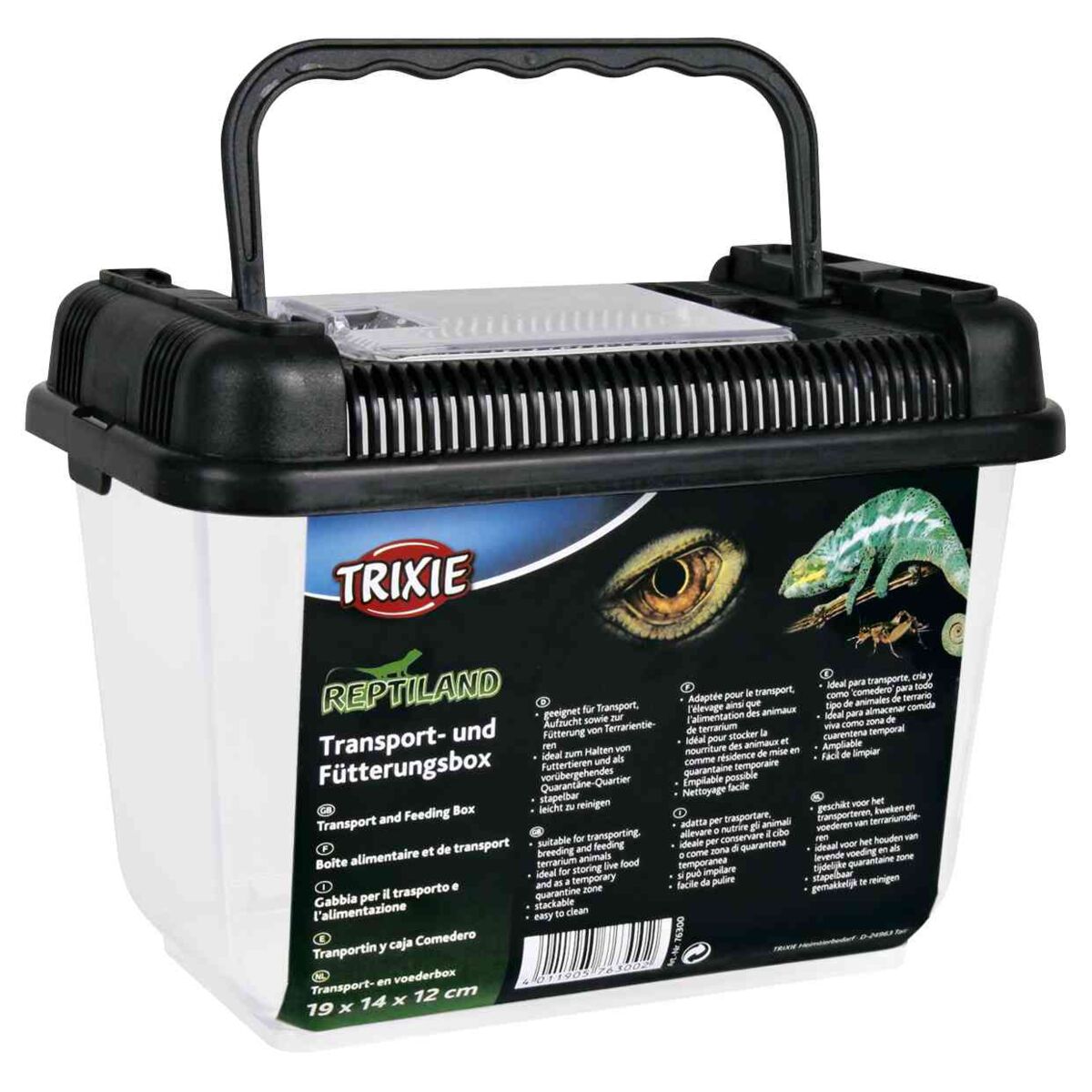 Transparente Transport- und Fütterungsbox mit schwarzem Griff und Deckel, Markenname "Trixie Reptiland" auf der Beschriftung.