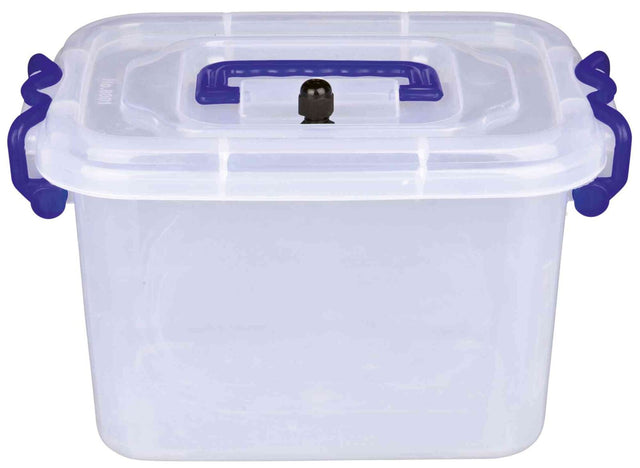Transparenter Kunststoffbehälter mit blauen Griffen und einem schwarzen Verschlussknopf auf dem Deckel.