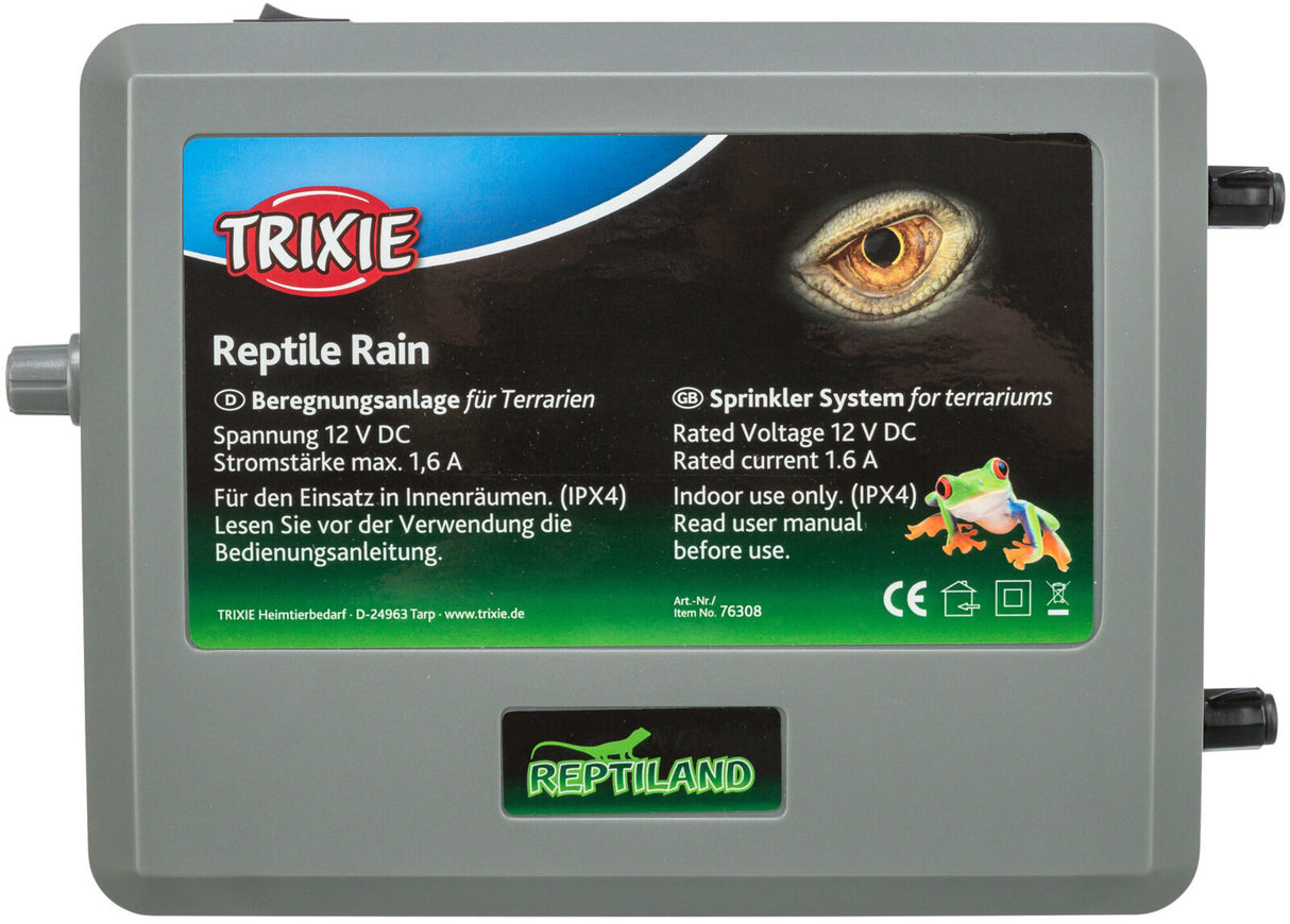 Graue Rechteckbox mit dem Label "TRIXIE Reptile Rain" für Terrarien, Spannung 12 V DC, Stromstärke 1,6 A.