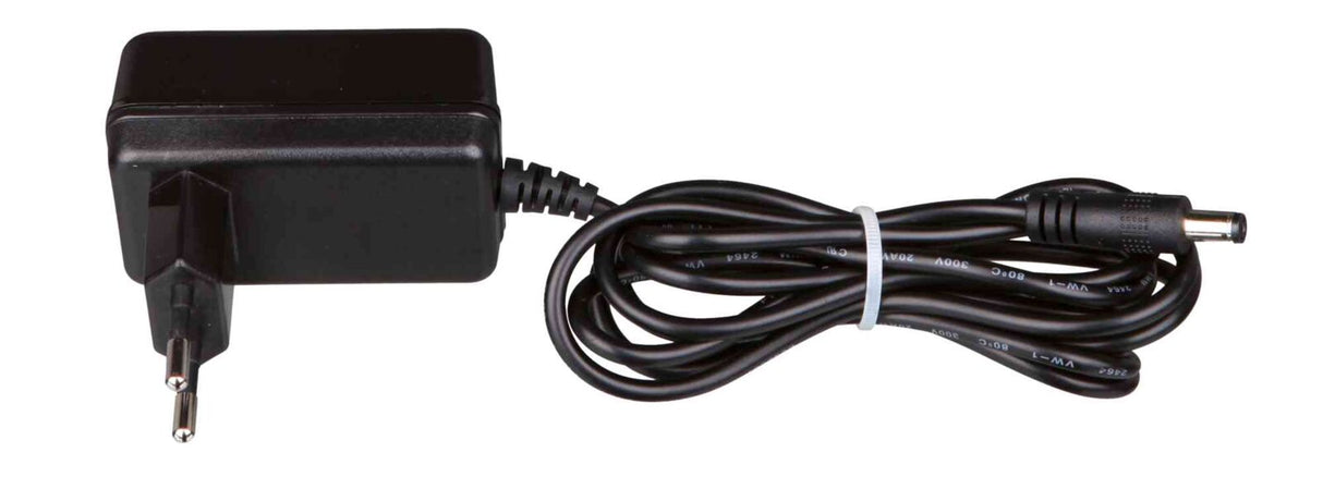 Schwarzes Netzteil mit Eurostecker und langem, aufgewickeltem Kabel, geeignet für elektronische Geräte.