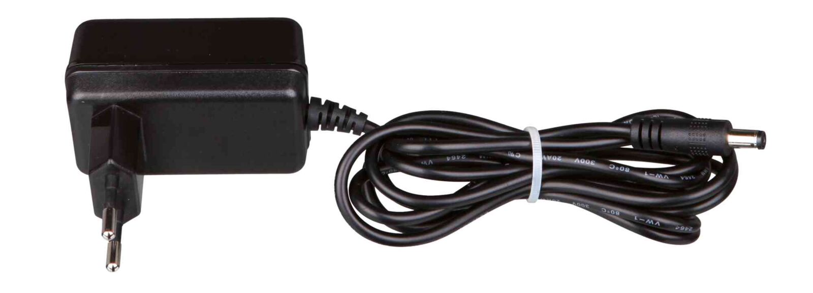 Schwarzes Netzteil mit Eurostecker und langem, aufgewickeltem Kabel, geeignet für elektronische Geräte.