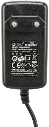 Schwarzes AC-Adapter-Netzteil mit sichtbarer Beschriftung: Modell K25V120200G, Eingang 100-240V, Ausgang 12V.