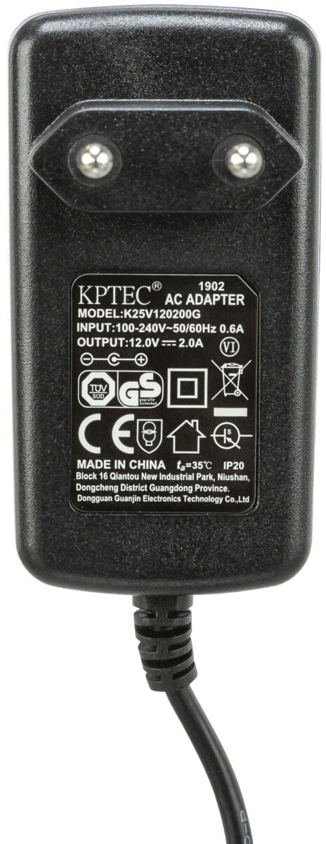 Schwarzes AC-Adapter-Netzteil mit sichtbarer Beschriftung: Modell K25V120200G, Eingang 100-240V, Ausgang 12V.