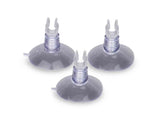 Drei transparente Saugnäpfe mit Clips, jeweils vertikal positioniert und auf einer weißen Oberfläche platziert.