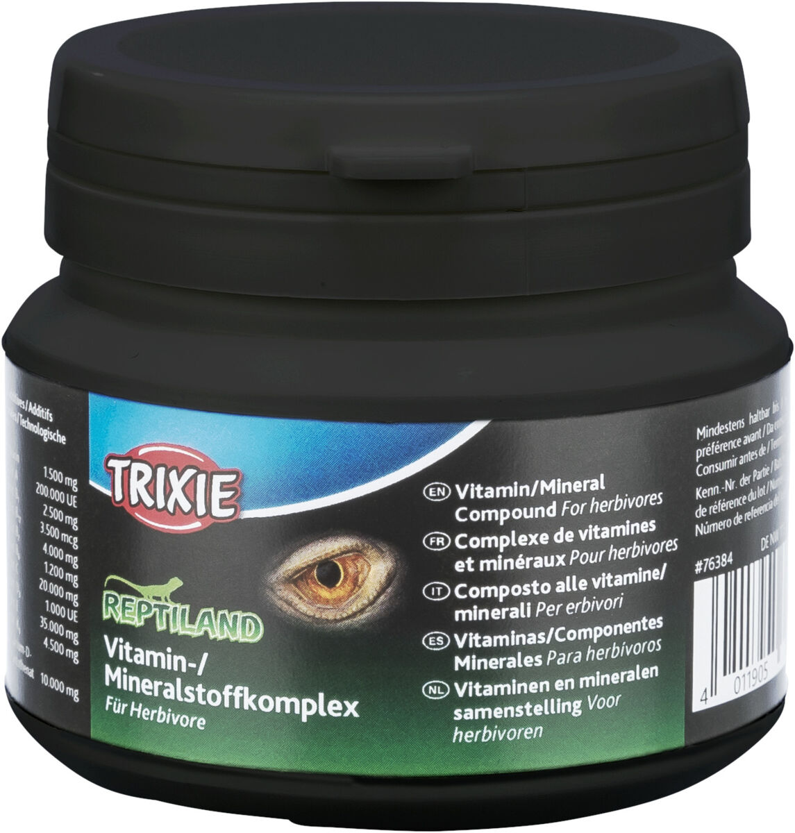 Runde schwarze Dose mit blauem Etikett, das "TRIXIE Reptiland Vitamin-/Mineralstoffkomplex für Herbivore" zeigt.