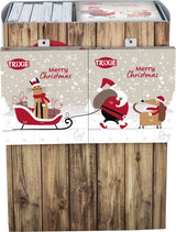 Adventskalender mit Weihnachtsmotiven, hellbraunem Hintergrund und Tieren, Text "Merry Christmas" und "TRIXIE".