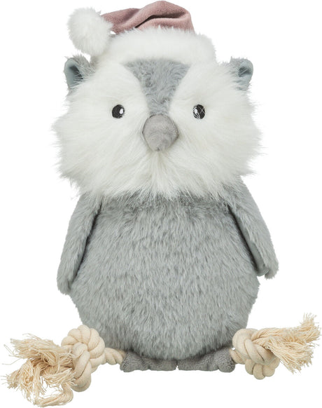 Plüschfigur in Tierform mit grauem Fell und weißen Details, trägt eine rosa Mütze, mit Seilknoten an den Füßen.