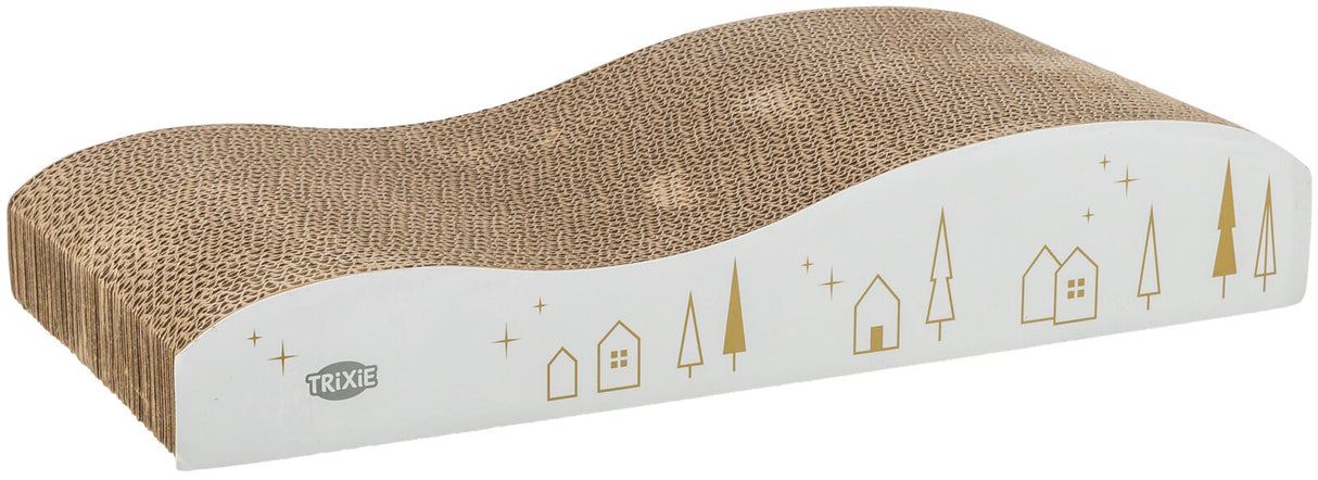 Wellige Kratzmatte aus braunem Karton mit weißen Seiten, dekoriert mit goldenen Häusern und Bäumen.