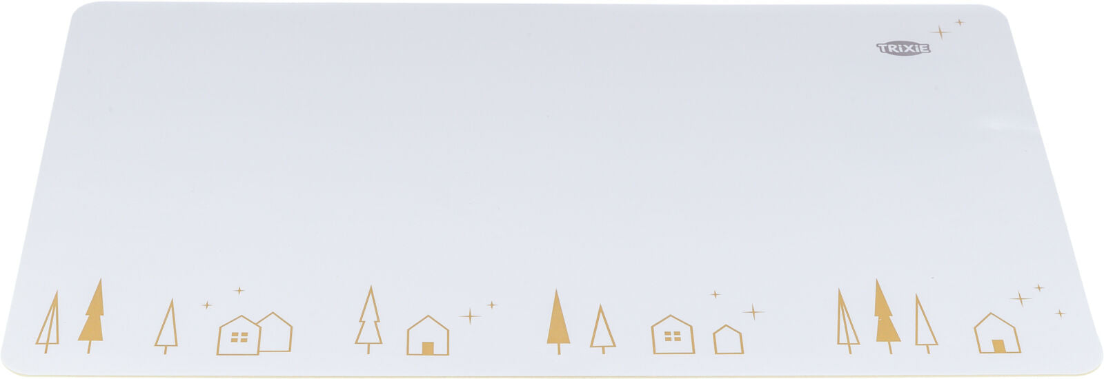 Weiße Unterlage mit goldenen Tannenbäumen und Häusern auf der unteren Seite, Trixie-Logo oben rechts.
