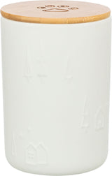 Weiße Vorratsdose mit geprägten Bäumen und Häusern, Bambusdeckel mit Pfotenabdruck-Motiv.