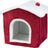 Rotes Hundehaus mit weißem Dach und kleinem roten Ball auf der Spitze, offene Vorderseite mit weißem Rand.