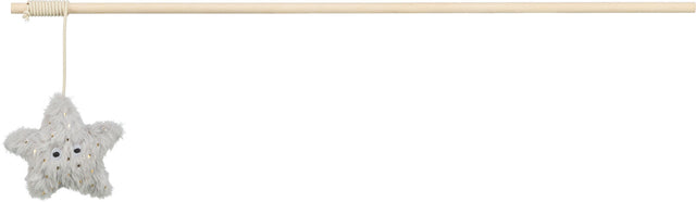 Holzstab mit Schnur, an der ein flauschiger, grauer Stern mit schwarzen Augen und gelben Punkten hängt.