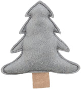 Grauer Filzanhänger in Form eines Tannenbaums mit beigem Sockel.