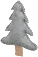 Grauer Filzanstecker in Form eines stilisierten Weihnachtsbaums mit braunem Filzstamm.